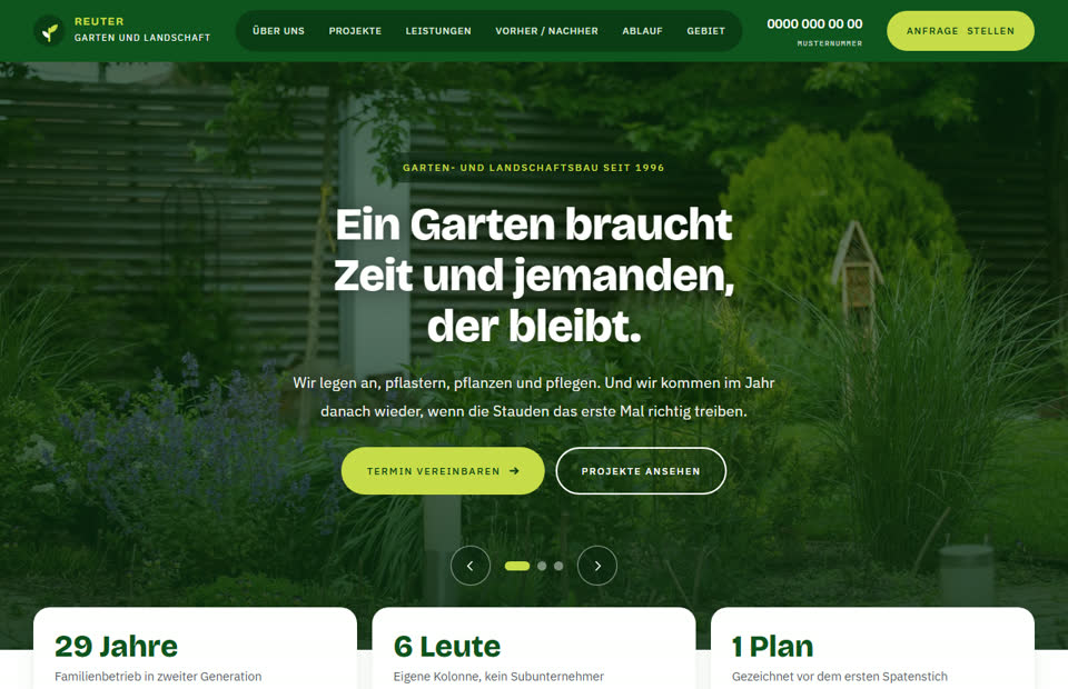 Startseite der Musterseite für einen Garten- und Landschaftsbaubetrieb