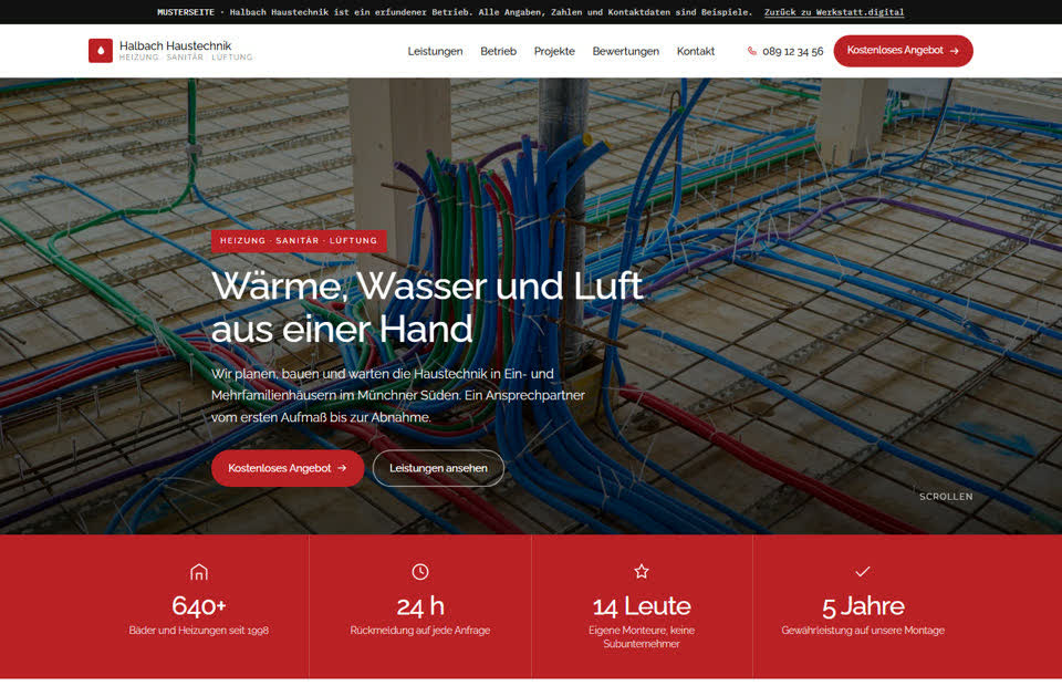 Startseite der Musterseite für einen Heizungs- und Sanitärbetrieb
